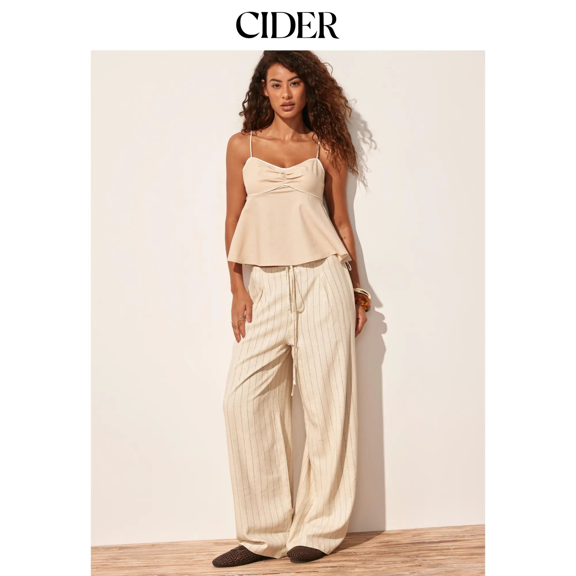 Cider   Sweetheart  Drawstring Cami Top and Striped Wide-Leg Pants Set