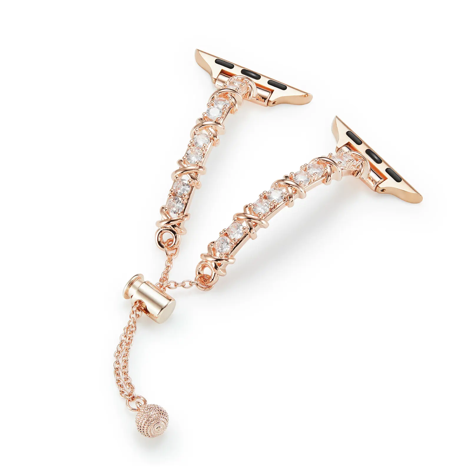Dainty Watch Band for Women, Dressy Rose Gold Plated Cross Wrap Bracelet with Rhinestones, Lightweight & Adjustable Tie for Formal Events, Plated Metal, Rhinestone Inset, Slim Band