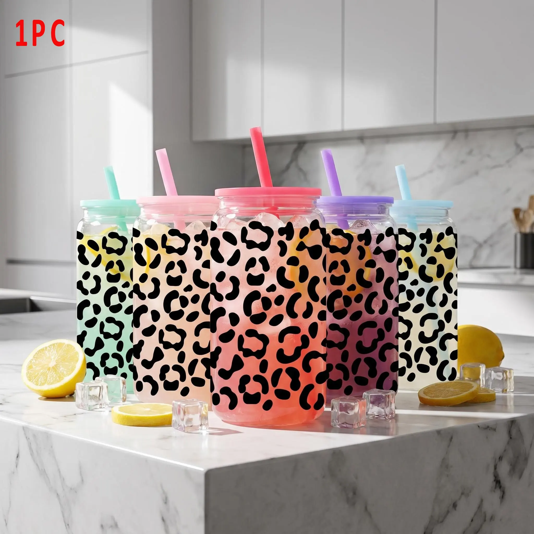 1pc/16oz/500ml/Plastic Mason Cup With Lids And Straw,Iced Coffee Cup,Leakproof Straw Cup,Mason Jar,Classic Leopard Print Pattern Festive Gift Choice,Perfect For Birthday Parties And Holiday Celebrations,Ideal Gift For Family And Friends