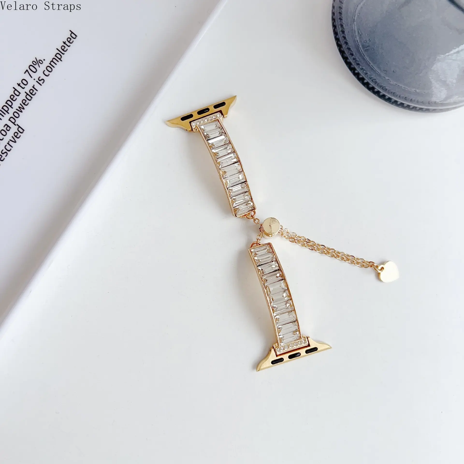 Baguette Crystal Watch Band for Women, Luxury Adjustable Alloy Bracelet Strap with Dangling Heart Pendant for Smart Watches, Wearable, Accessories, Diamond