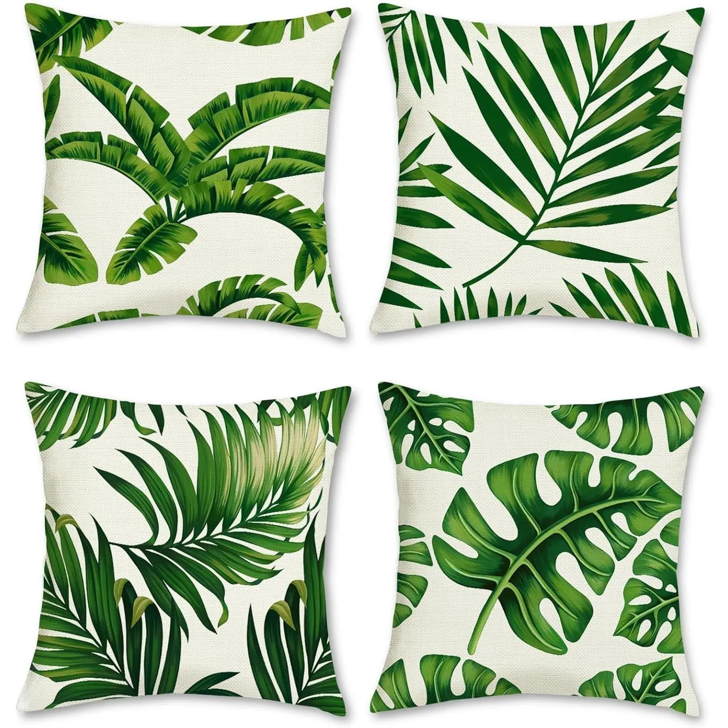 Tropical Leaves Throw Pillow Covers 18 x 18 Inch Set of 4, Green Palm Leaf Decorative Pillow Cases, Polyester Linen Outdoor Cushion Covers for Sofa Couch Garden Home DecorGift