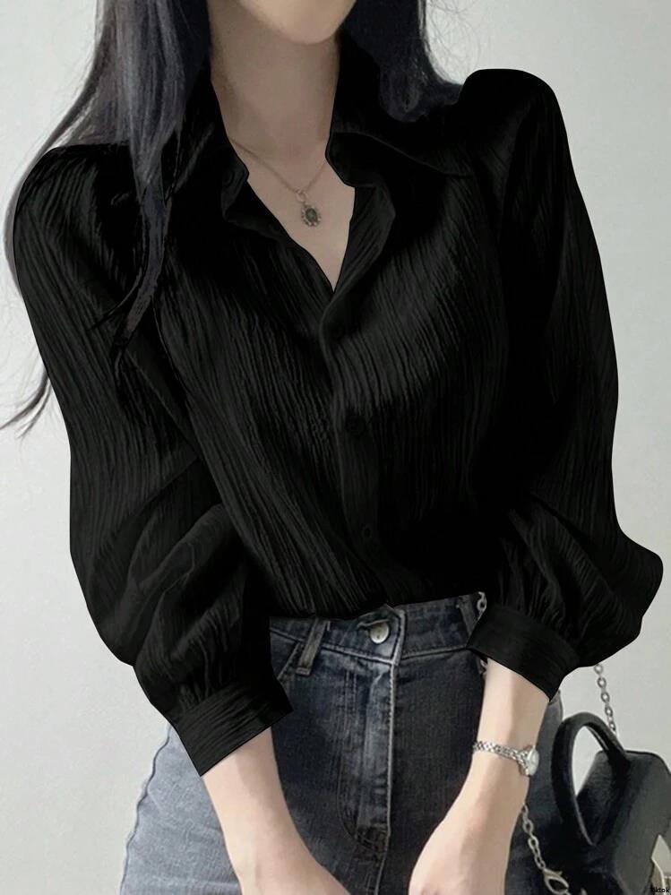 Spring Black JoudiyaWomen sPleatedSolidColorLapelLooseShirt Autumn