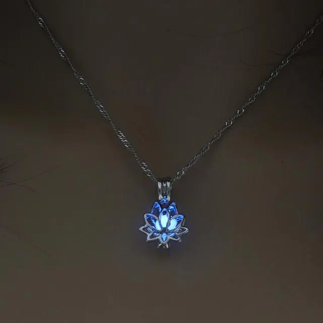 Lotus Pendant Necklace - Silver Alloy, Luminous Glow-in-Dark, Bohemian Elegant Costume Jewelry for Night Club, Daily Wear, Dating
