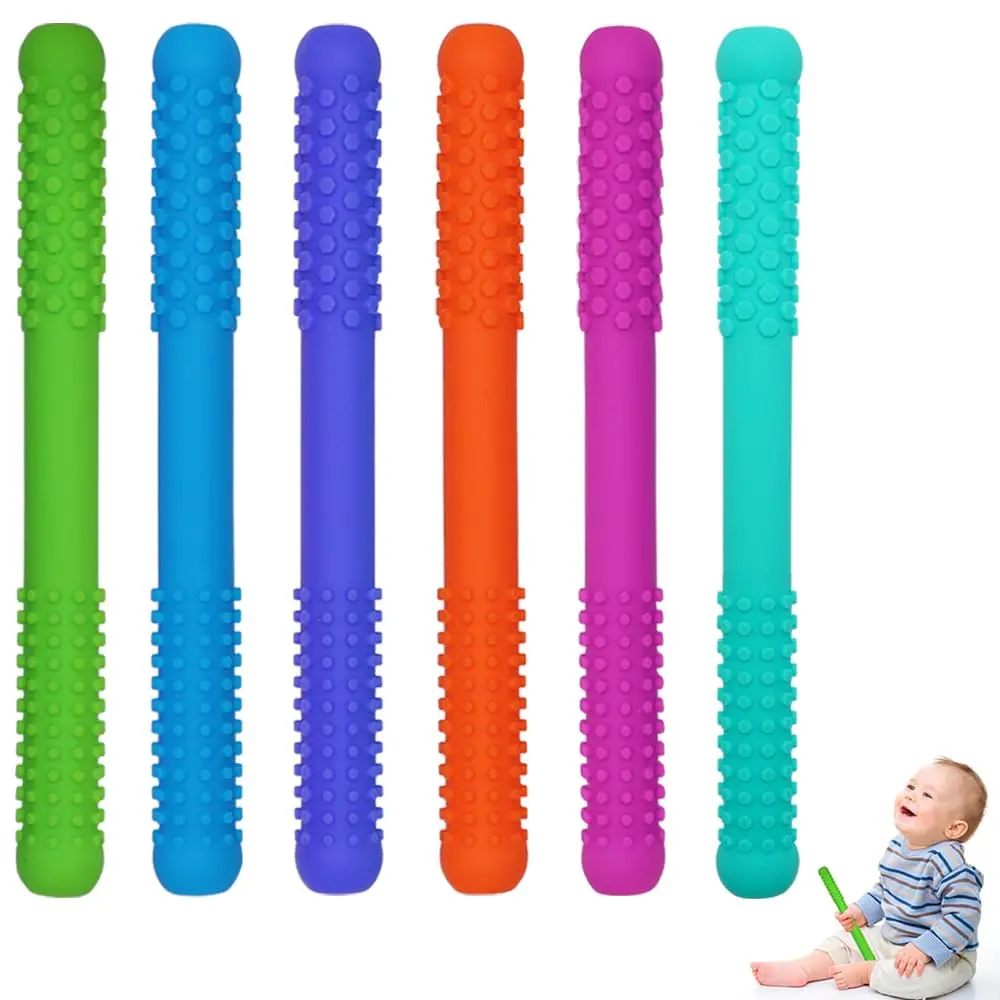 Unisex Silicone Hollow Teething Tubes Chew Toys for 6-12mths Infants, 6-Pack Teeth Relief Teether with Nursing Biting Function, Toddler Chew Straws (Style A)