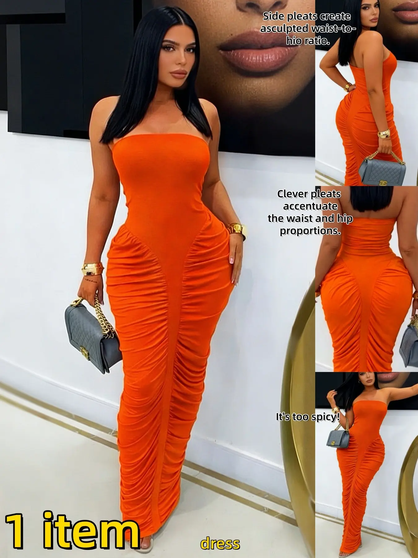 Women's Sexy Bodycon Sleeveless Strapless Long Dress, Wrap Front Pleated Plain Fashion Casual Gown, Party Wear Evening Dress