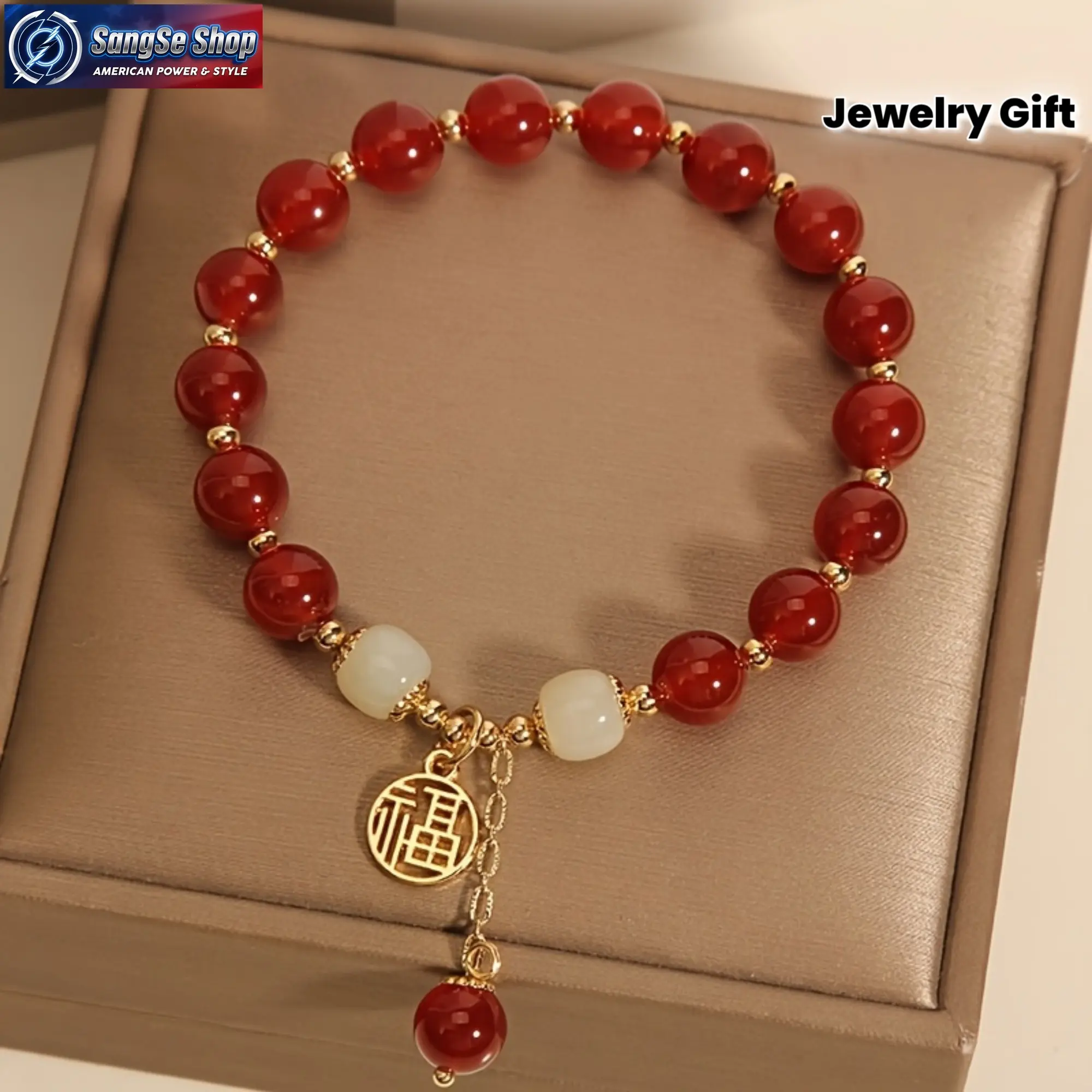 Retro Chinese Red Beaded Bracelet for Women with Lucky Fu Character Charm, Elegant Inspirational Stretch Jewelry, Elegant Bangle, Inspirational Beaded Bracelet, Bracelet With Charms