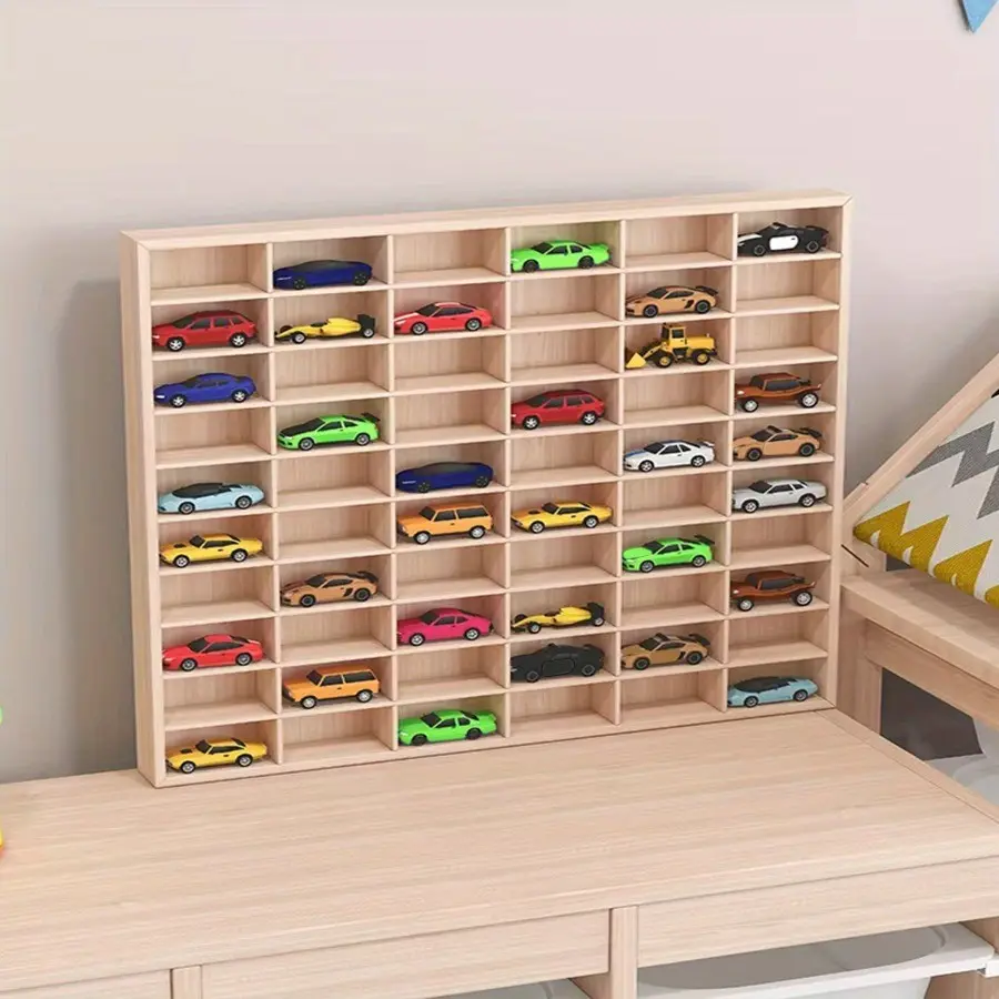 Bamboo Car Model Storage Box with Multi-Functional Floating Storage Layers, Holds 60 Items, Modular Storage for Household and Kitchen Use