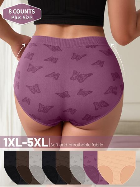 8 Pack Plus Size Women's Triangle Panties, Breathable Panties, Soft Printing Butterfly Design, High Quality Skin-Friendly Underwear, Casual All Seasons Fit