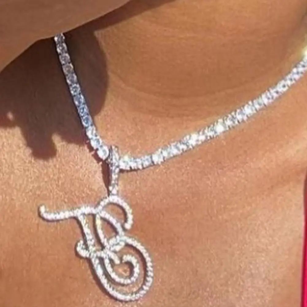 Trendy Bling Cursive Letter Zircon Tennis Necklace For Women Men 26 Initials Tennis Choker Necklace Punk Hiphop Jewelry Gifts