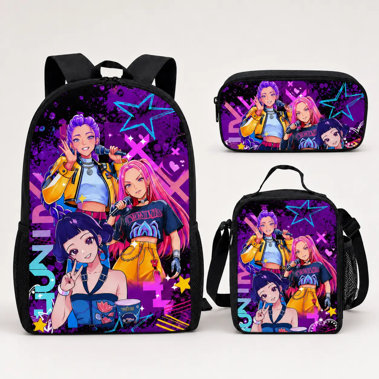 "Pop Idol" style backpack set—available either as a standalone backpack or as a three-piece kids' set that includes a matching lunch bag and pencil case; a purple "Music Star" themed back-to-school collection designed specifically for girls.
