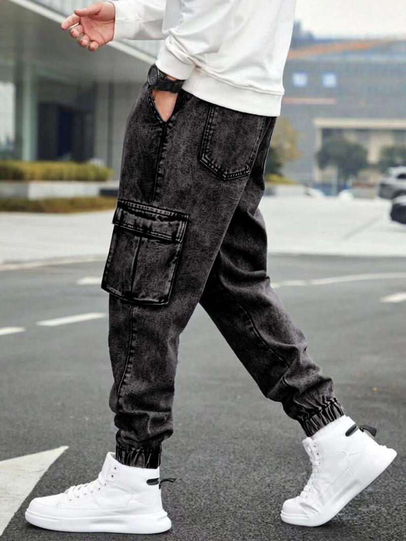 Men's Solid Flap-Pocket Cargo Jeans, Regular Fit Street Fashion Denim Trousers for Daily Wear, Men's Bottoms for All Seasons