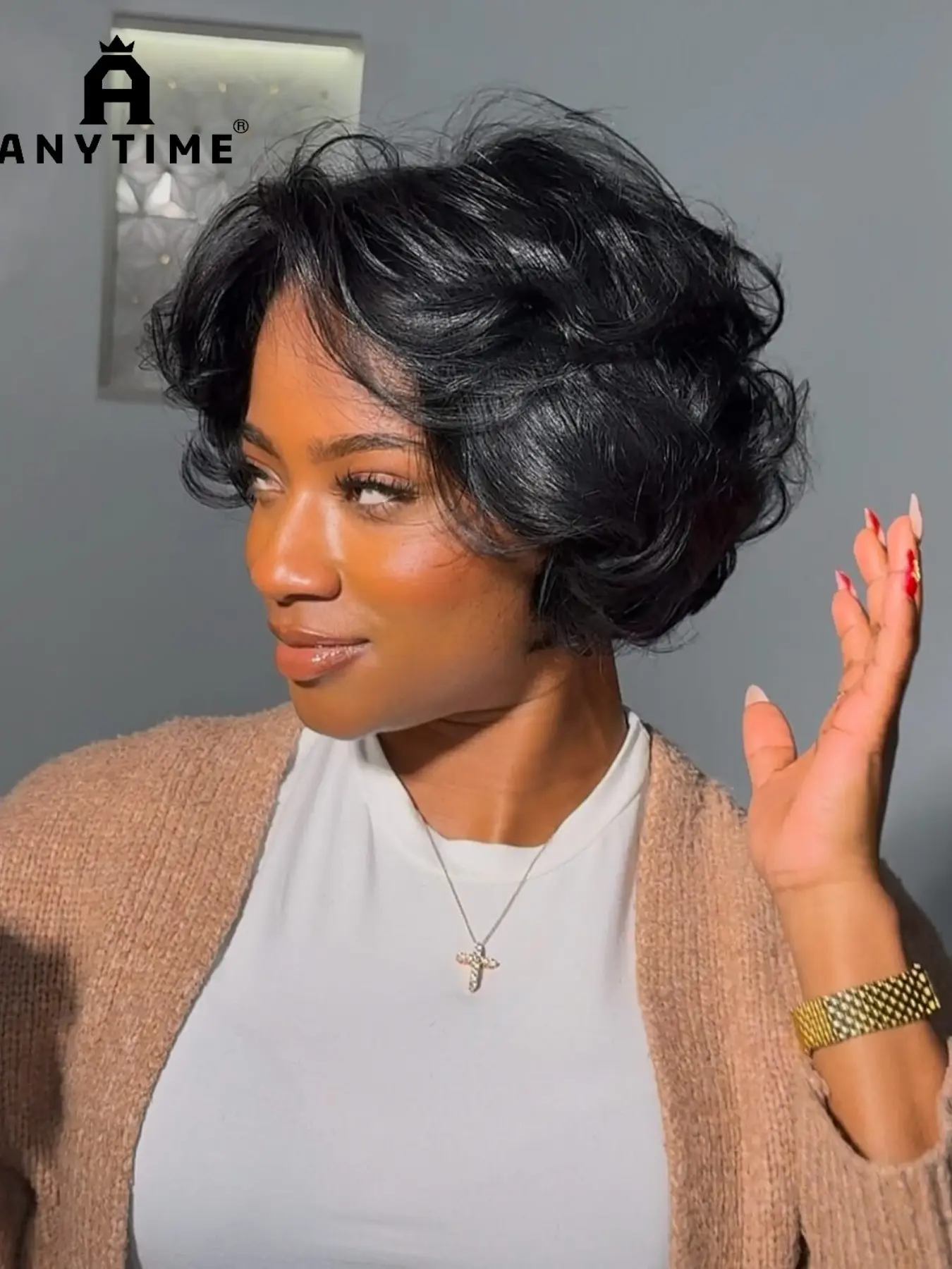 Anytime Skin Women Short Curly Wig, 4x4 Side Lace, 180% Density, Soft Wavy, Human Hair, with Bangs, Multiple Colors, Human Hair Wigs