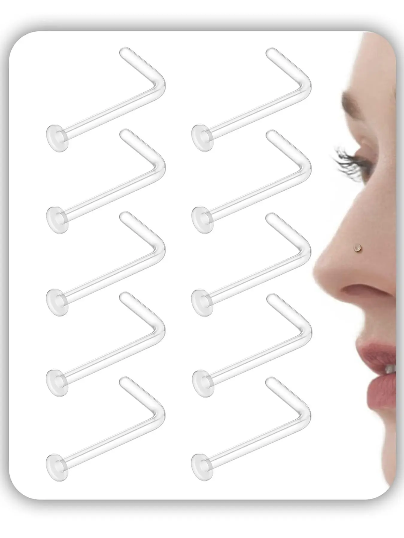 10Pcs 20G Clear Nose Studs Set Nose Jewelry L Shape Bioflex Retainers 2mm Flexible Clear Bioflex Plastic Retainers for Nostril During Surgery, Work, Sports, School or Medical Visits