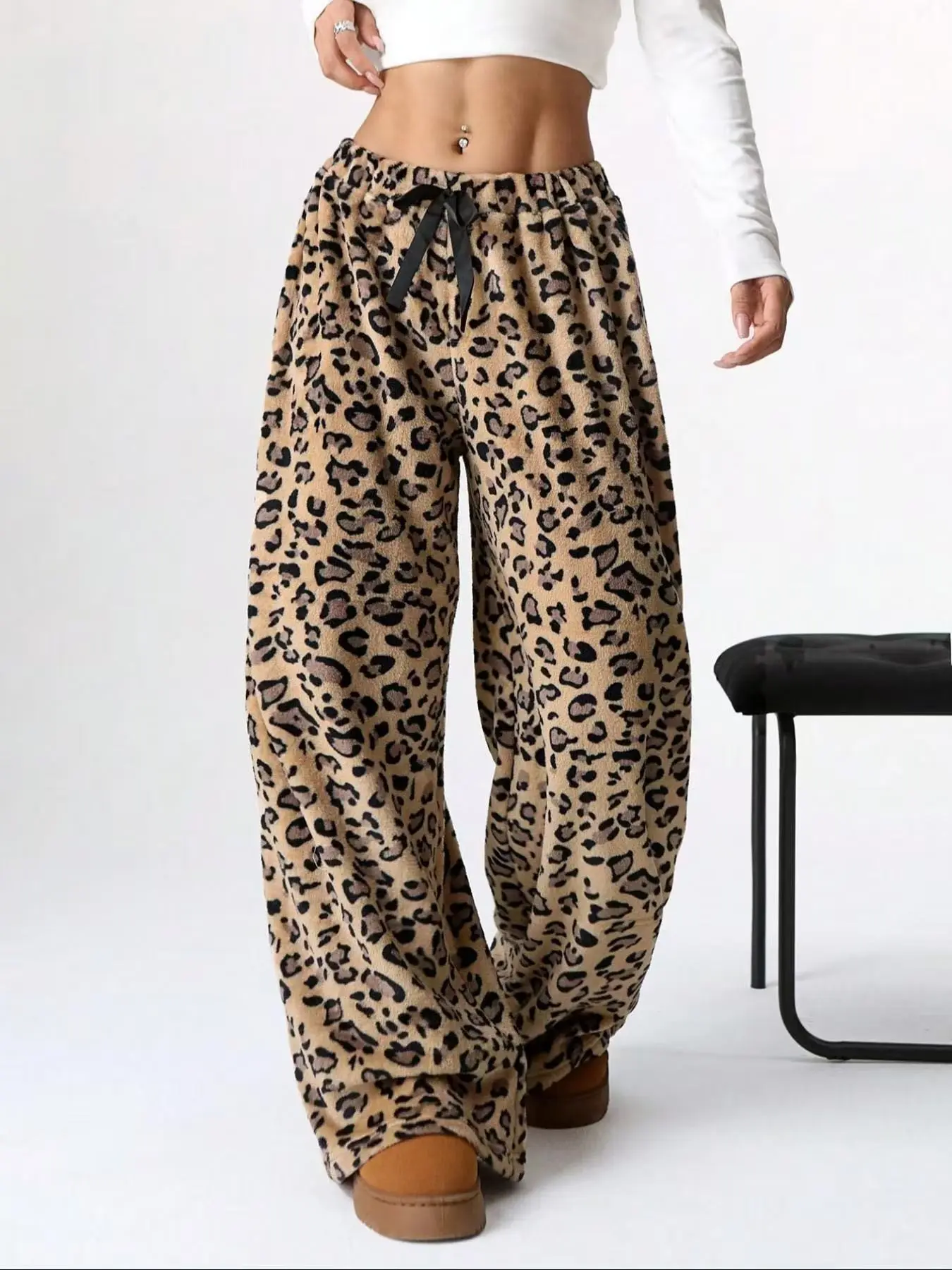 Autumn-Winter Leopard Print Wide Leg Pants, Soft Plush Lounge Style, Oversized Drop Crotch, Loose, Casual Comfortable Bottoms
