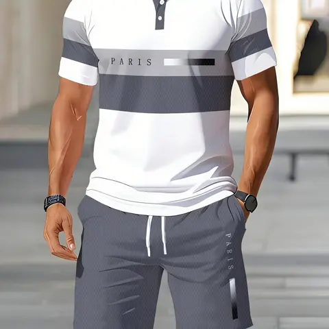 Men's Short Sleeve Polo Shirt Set, Digital Print Polo Top and Shorts, Summer Casual Streetwear, Two-Piece Outfit, Casual Matching Sets, Fashionable and Comfortable