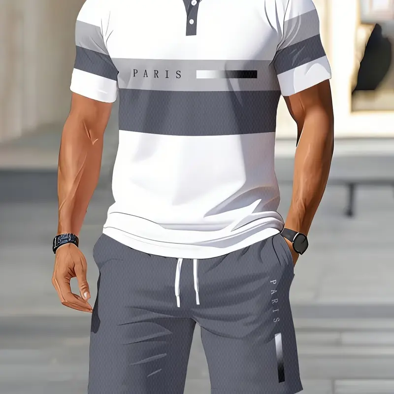 Men's Short Sleeve Polo Shirt Set, Digital Print Polo Top and Shorts, Summer Casual Streetwear, Two-Piece Outfit, Casual Matching Sets, Fashionable and Comfortable