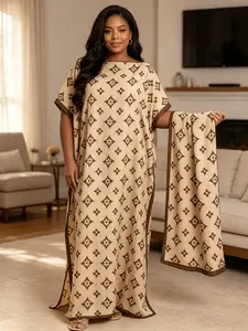 Plus Size Women's Two-Piece Set: Long Kaftan Dress with Multicolor Round Mandala Print & Matching Headscarf. Silky Satin Loose Batwing Sleeve Beach Cover-Up, Plus Size Loungewear Nightdress. Suitable for Vacation, Poolside and Daily Loungewear. Multiple C