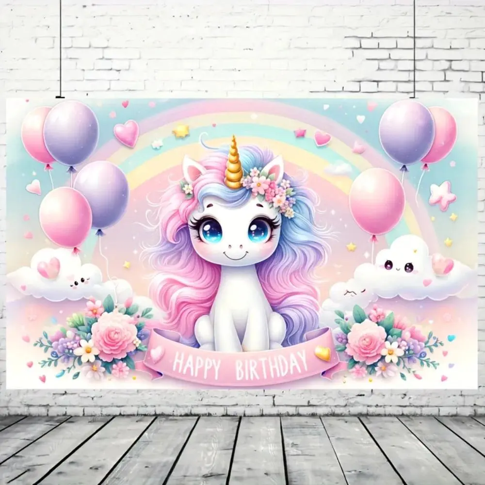 Enchanting Pink Unicorn Happy Birthday Backdrop, Polyester, No Power Needed, Perfect For Outdoor Celebrations & Magical Decor