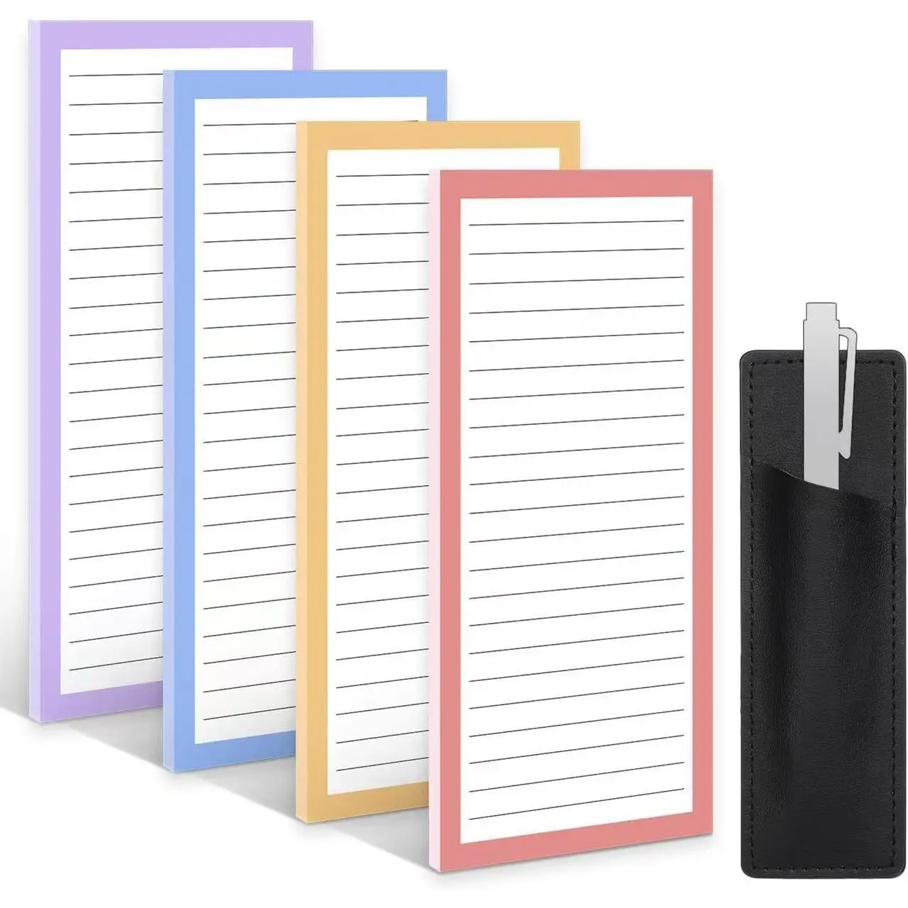 4-Pack Magnetic Notepads for Fridge, 1 Pen Holder, Minimalist Design, Full Magnet Back, 50 Sheets Each, Tear-Off Notes, Light Color