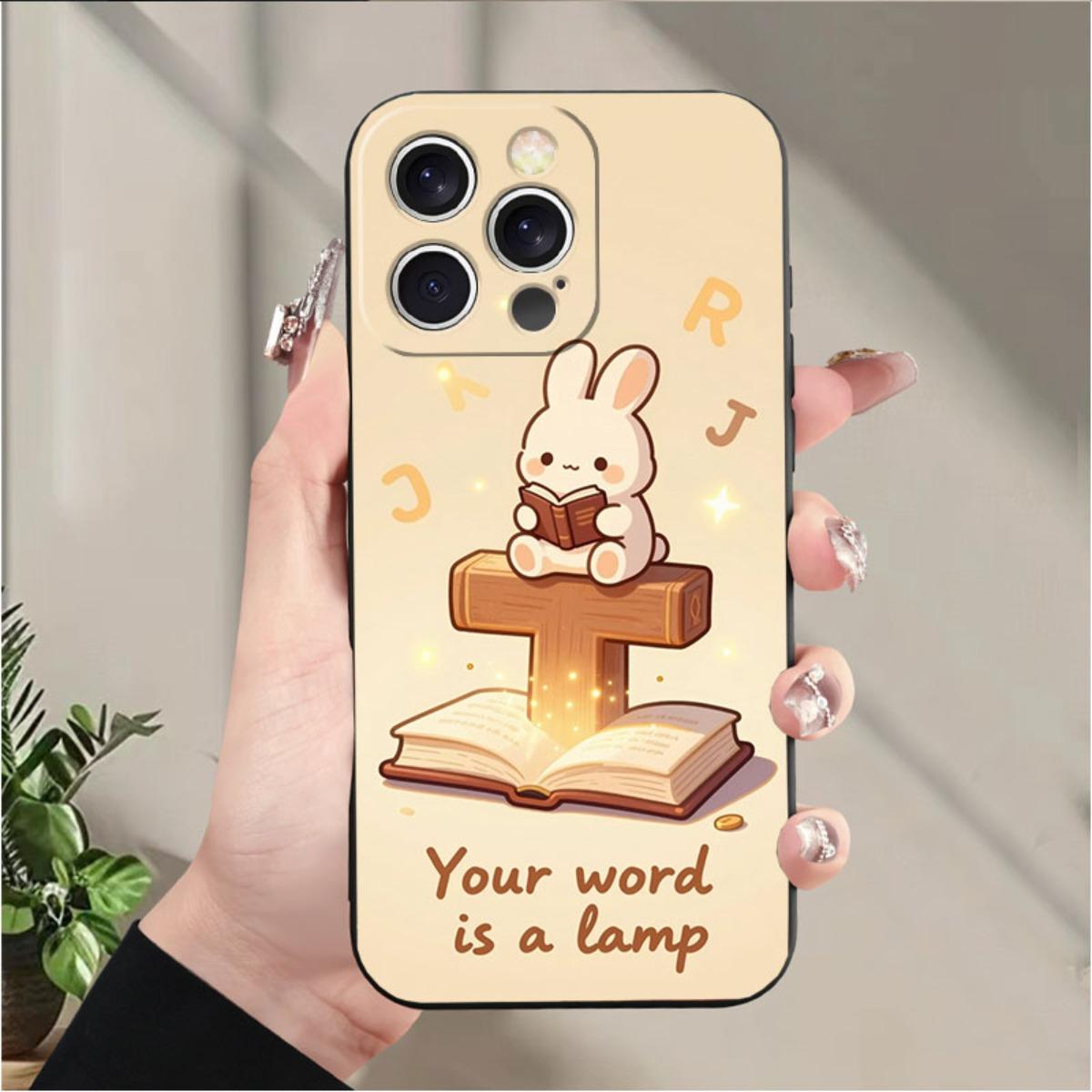 Phone Case: Cute Rabbit Reading The Bible With Cross Design, Featuring A Luminous Effect And Floating Letters, A Faith-Inspired Christian Phone Case Design, Suitable For IPhone 17/17pro/16/X/XS/XR/11/12/13/14/15/16Plus/17ProMax, Printed Liquid-Like Phone