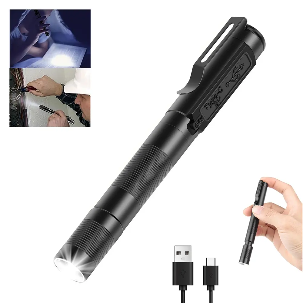1PC Rechargeable Flashlight with Clip, Aluminum Pen Light,  Type-C Charging, 3 Modes, Zoomable Pocket Flashlight ,LED Inspection Light Spot/Flood Beam Water-Resistant Flashlight for Car Repair, Home & Outdoor Use