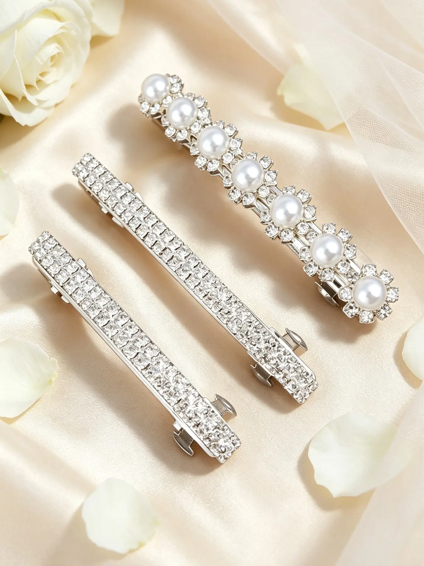 3pcs Luxury Rhinestone Pearl Hair Clips Set, Silver Color Long Barrette, Daily Forelock Side Clip, Bride Wedding Hairstyle Accessory