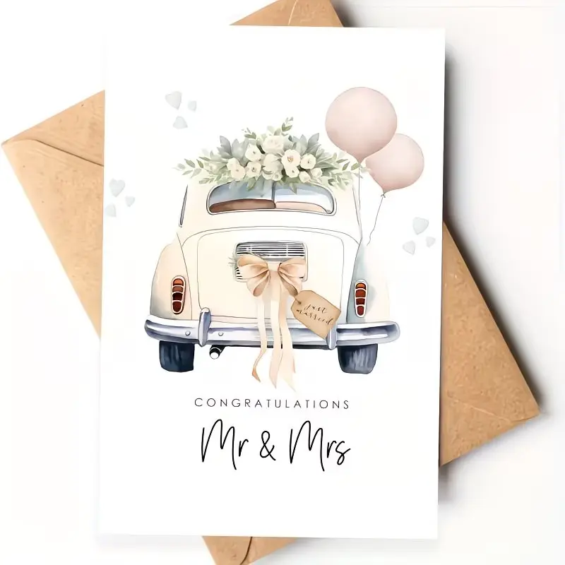 1pc Vintage Wedding Greeting Card with Envelope, "Mr. And Mrs." Design, Bouquet And Balloon Pattern, Perfect for Celebrations, Ideal Gift for Couples, Friends, And Family