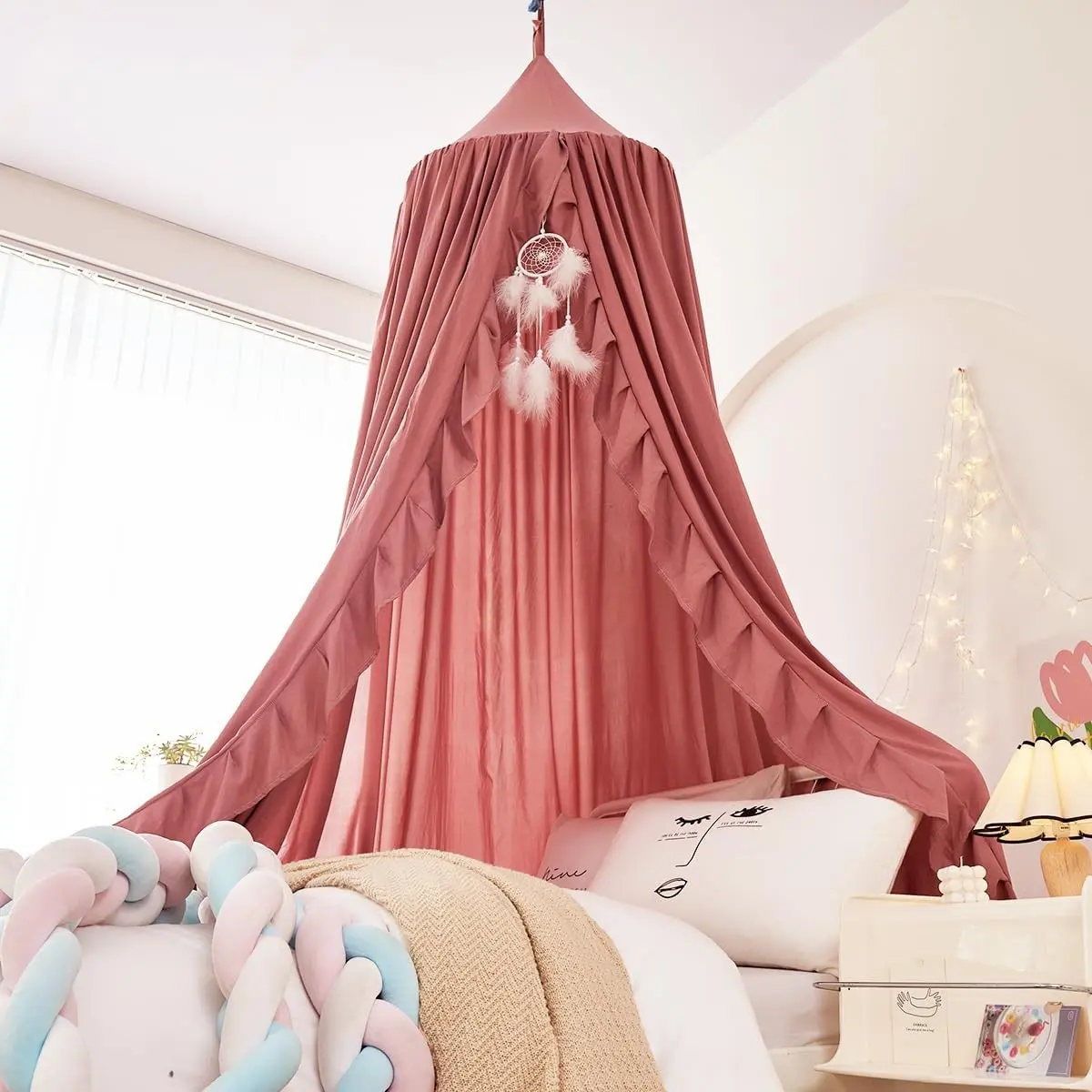 Bed Canopy for Girls,Ruffled Canopy Bed Curtains Canopy for Girls Room,Hanging Canopy Princess Play Tent for Reading Nook Play Room Decor (JujubeRed)