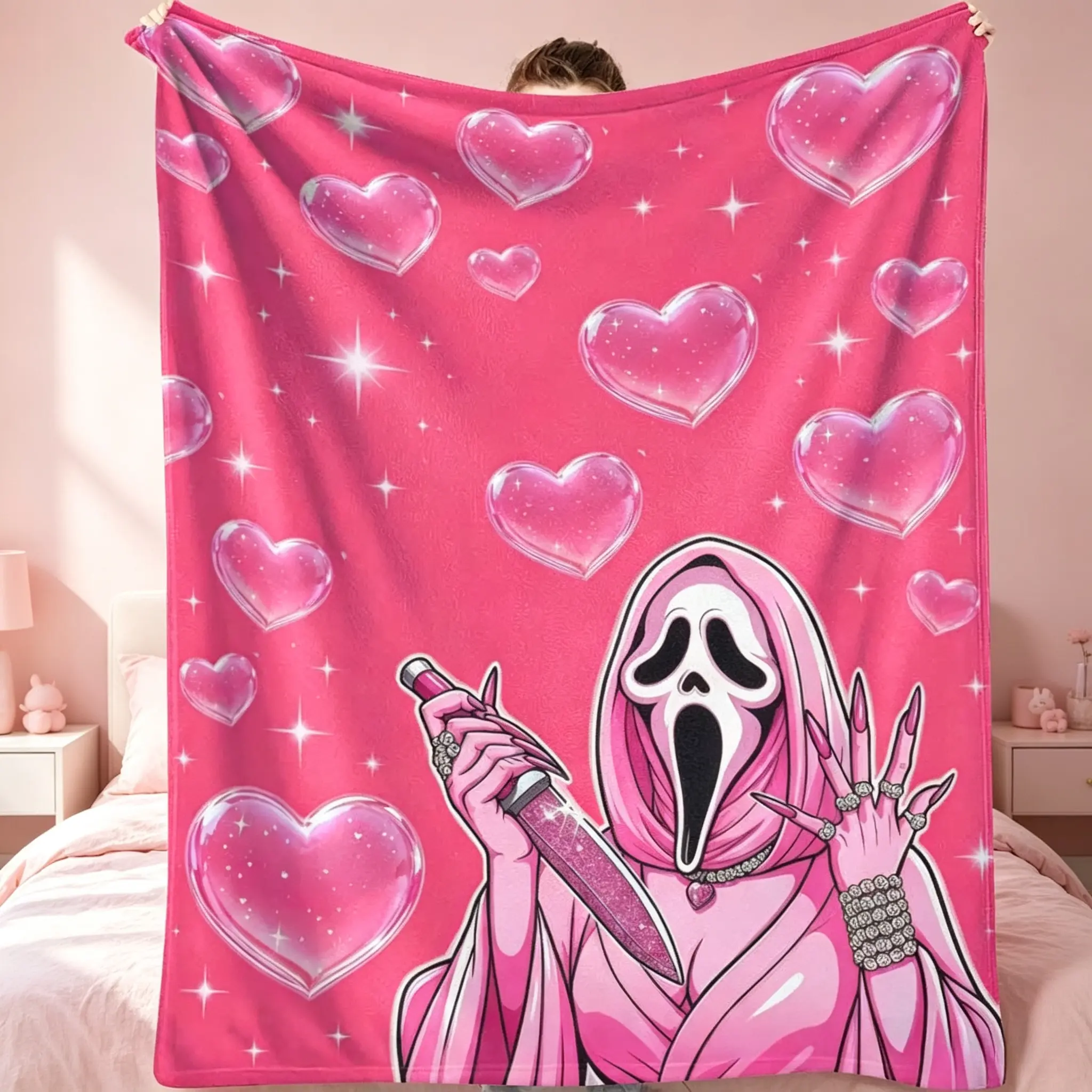 Pink Ghost Face Flannel Throw Blanket, Glitter Heart Print, 60*80inch (Large Size for Adults), Soft Cozy Warm Lightweight Breathable Wrinkle Resistant, for Bedroom Living Room, Blanket Gifts by summerwins