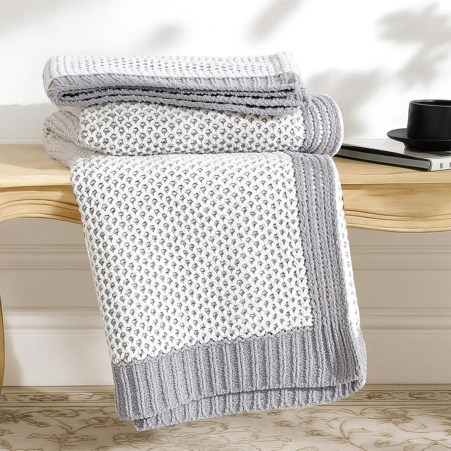 Single-Sided Honey Comb Chunky Knit Throw Blanket, Synthetic Soft Chenille Decorative Blanket for Couch, Sofa & Chair, All Seasons, 50"x60", Gray & White, Chunky Knit Blankets