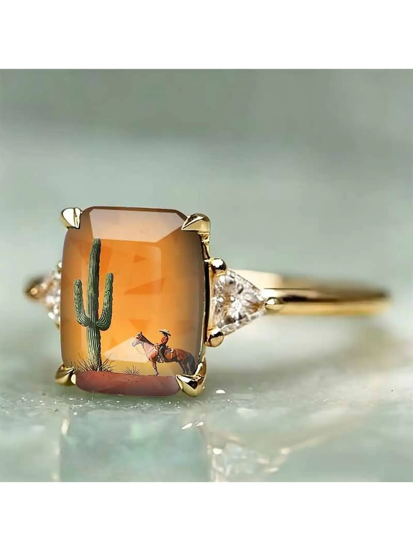 Western Desert Cowboy Cactus Landscape Square Pattern Ring, with Translucent Triangular Accents on Both Sides, Vintage Band, Wildness Style Personalized Fashion Jewelry for Women