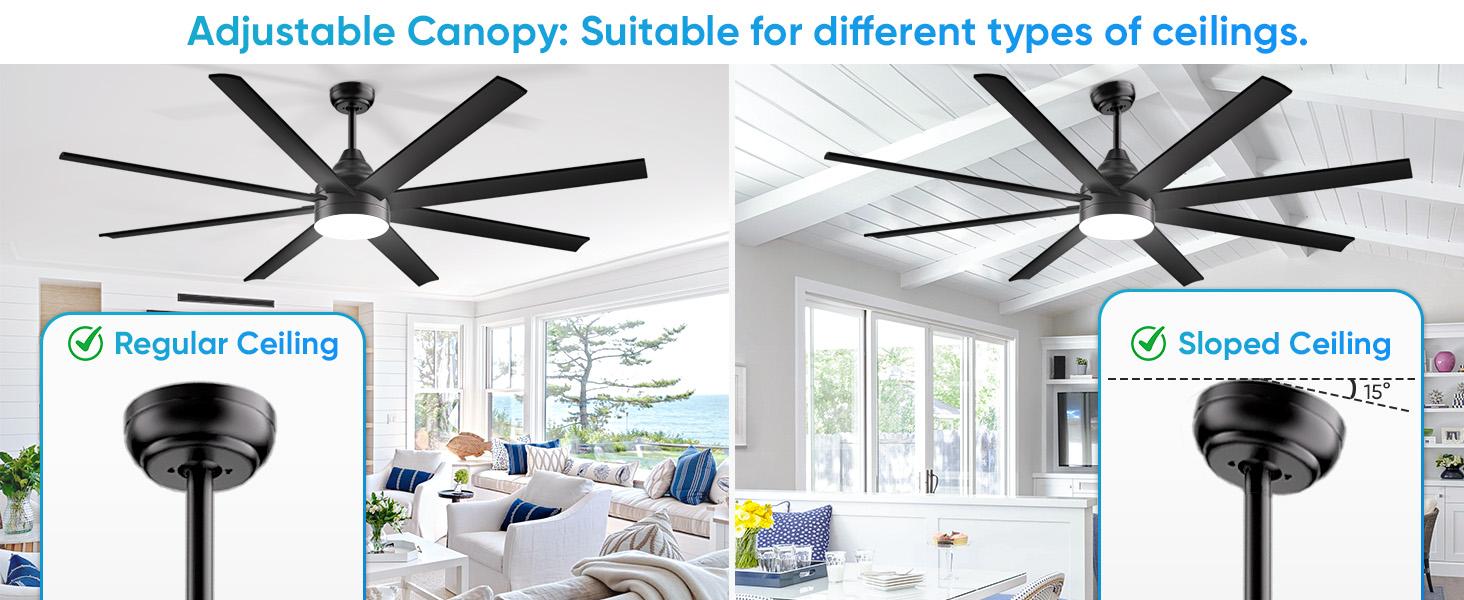 Large Ceiling Fans with Lights and Remote/APP Control, Indoor Outdoor Black Ceiling Fan for Kitchen, Living Room, Patio, 6 Speeds Reversible Quiet DC Motor, 8 Blades
