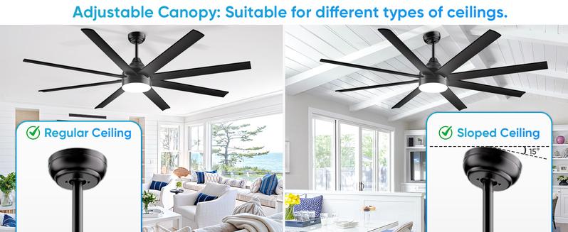 Large Ceiling Fans with Lights and Remote/APP Control, Indoor Outdoor Black Ceiling Fan for Kitchen, Living Room, Patio, 6 Speeds Reversible Quiet DC Motor, 8 Blades