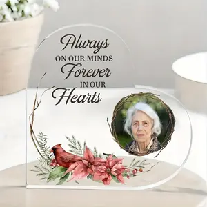 2D Flat, 1pc Eternal Love, Personalized Memorial Photo Plaque - Sympathy And Bereavement Gift with Red Cardinal Design, Acrylic Heart for Table Centerpiece, Versatile Indoor/Outdoor Decor