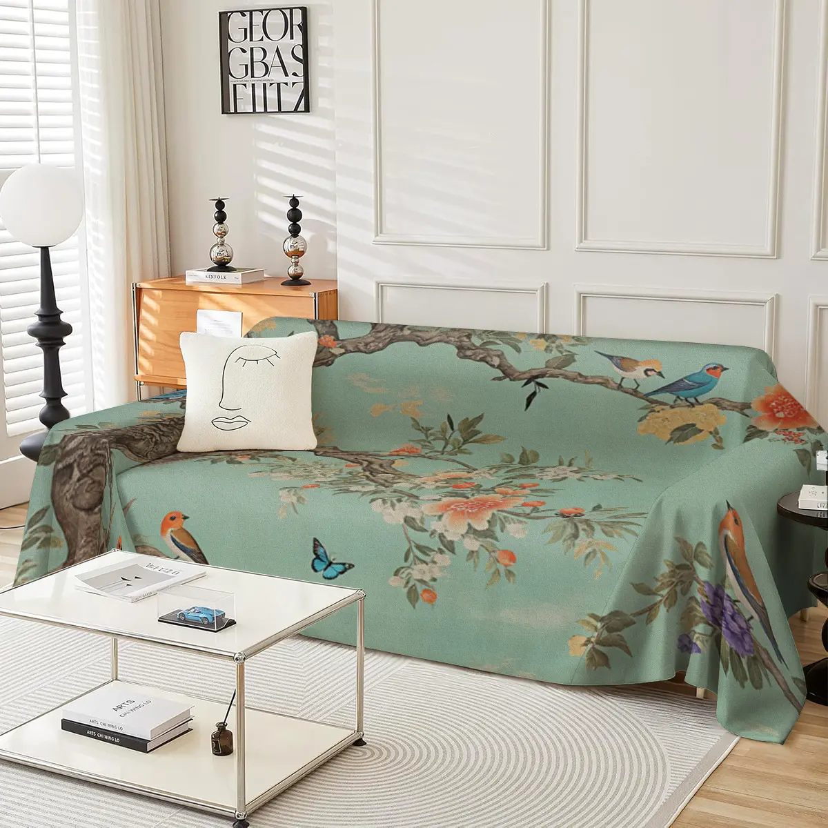 Green bottom flower bird branch vine decorative sofa cover, machine washable sofa towel suitable for all seasons, suitable for bedroom and living room sofa decoration
