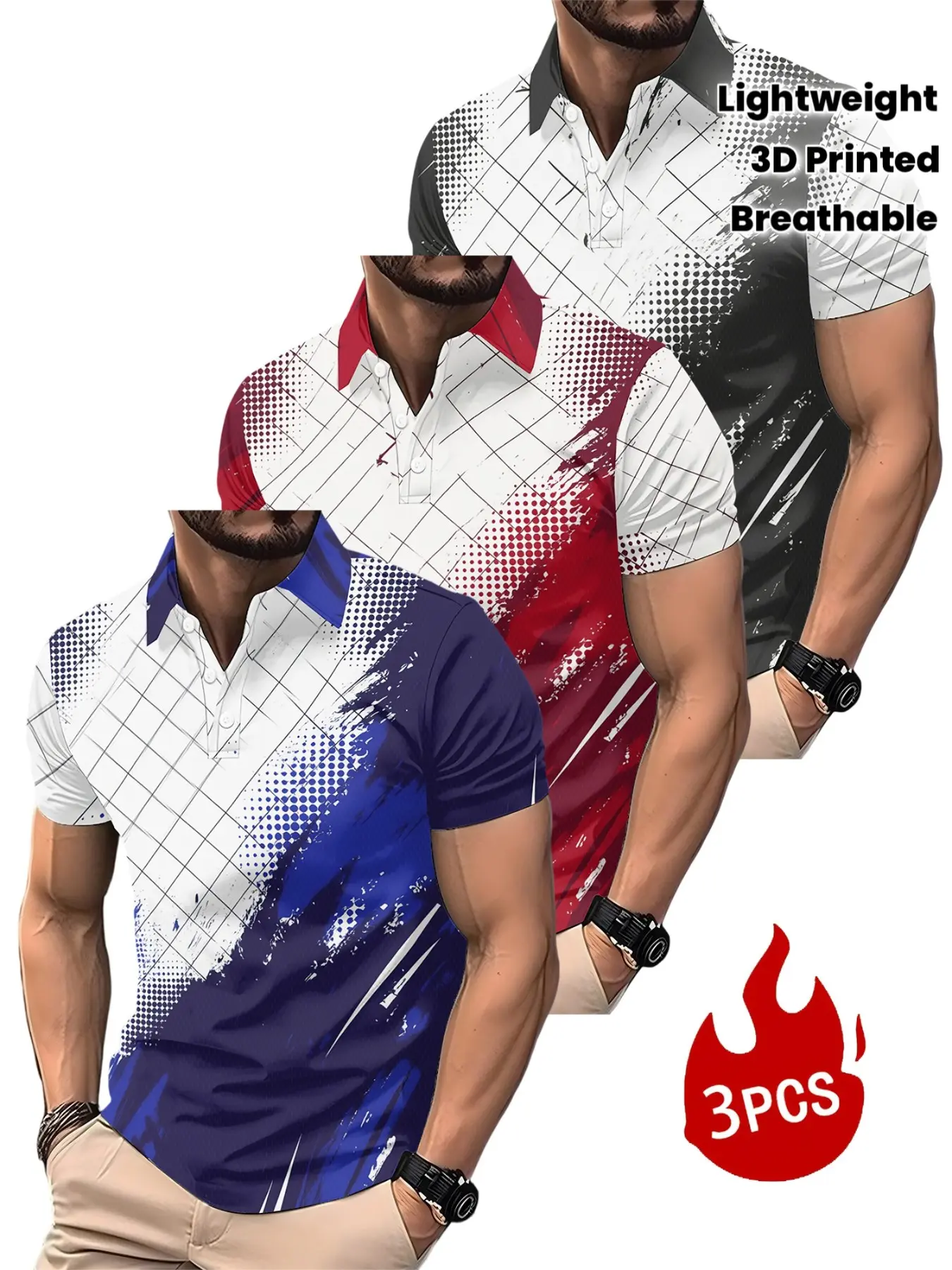 3 Piece Gradient Color Block Grid Pattern Polo Set, Casual Short Sleeve Fitted Top, All-Season Urban for Men
