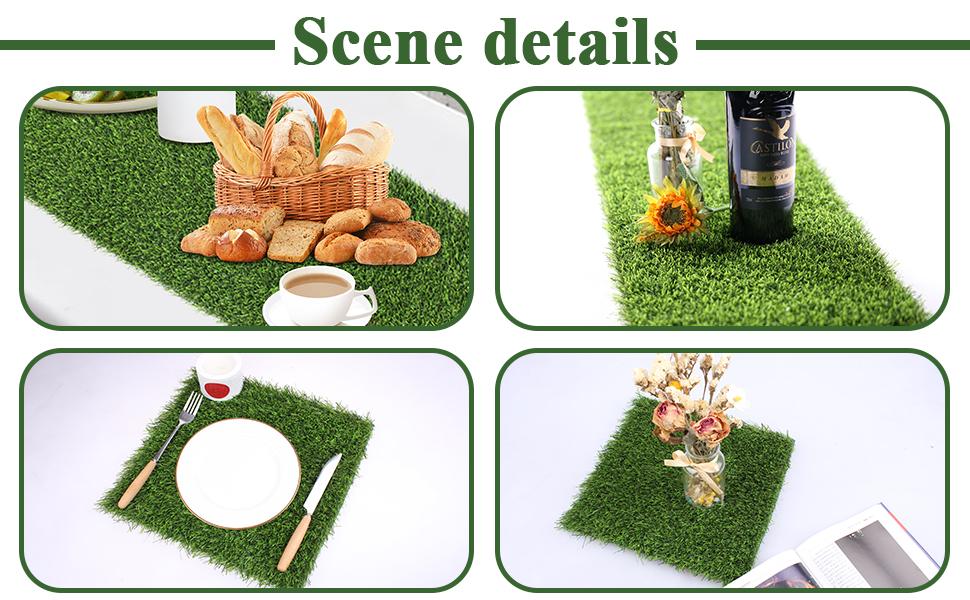 Grass Squares Placemats 4 Packs 12"x 12" Artificial Grass Turf Patch Tiles Green Grass Squares Fake Grass Mat Synthetic Grass Rug Roll Tabletop Decorations for Home Dining Christmas Table