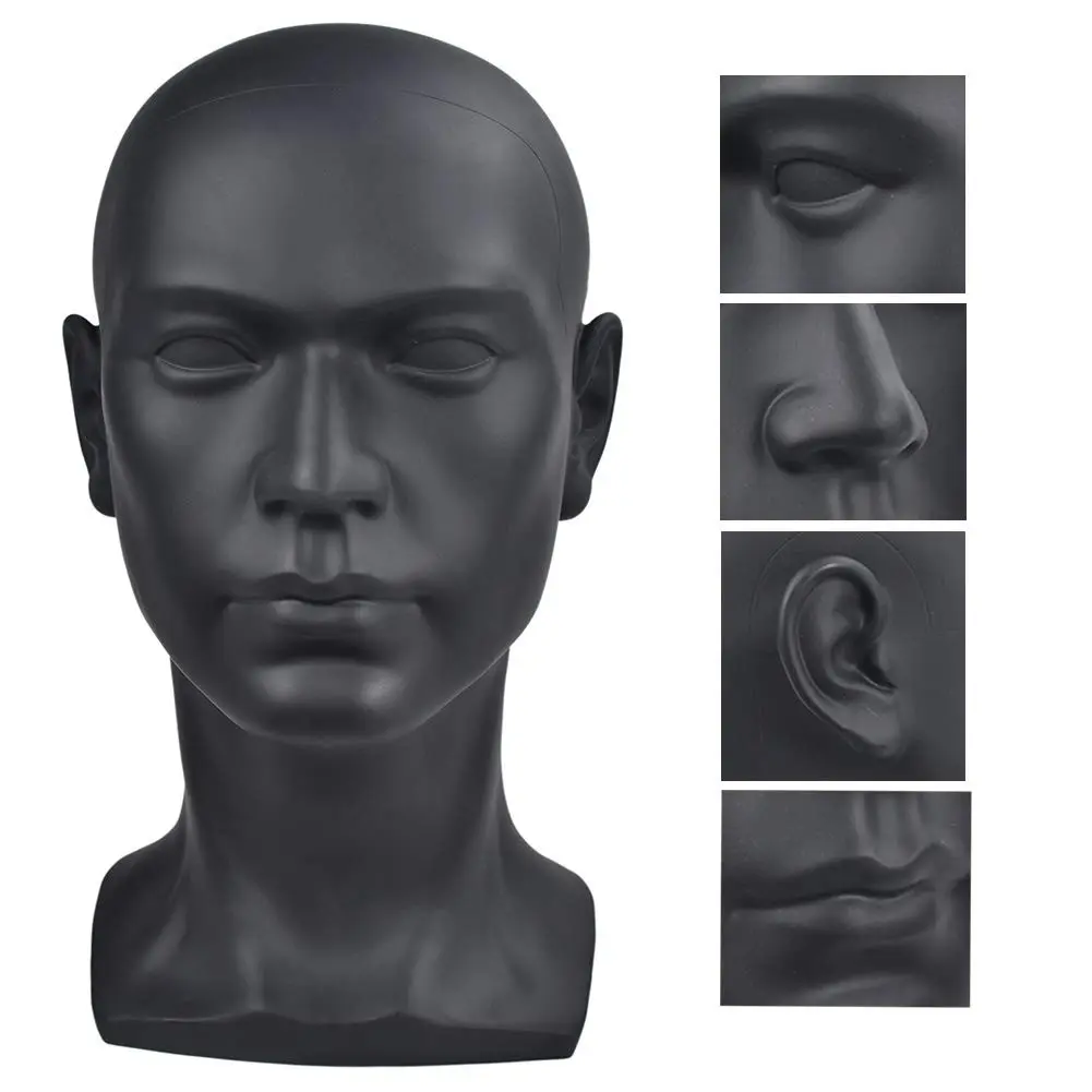 PVC Mannequin Head Black Male Manikin Dummy Stand Model Display Hat Scarf Wigs Hair Glasses Beauty Styling Tool with Mount Hole