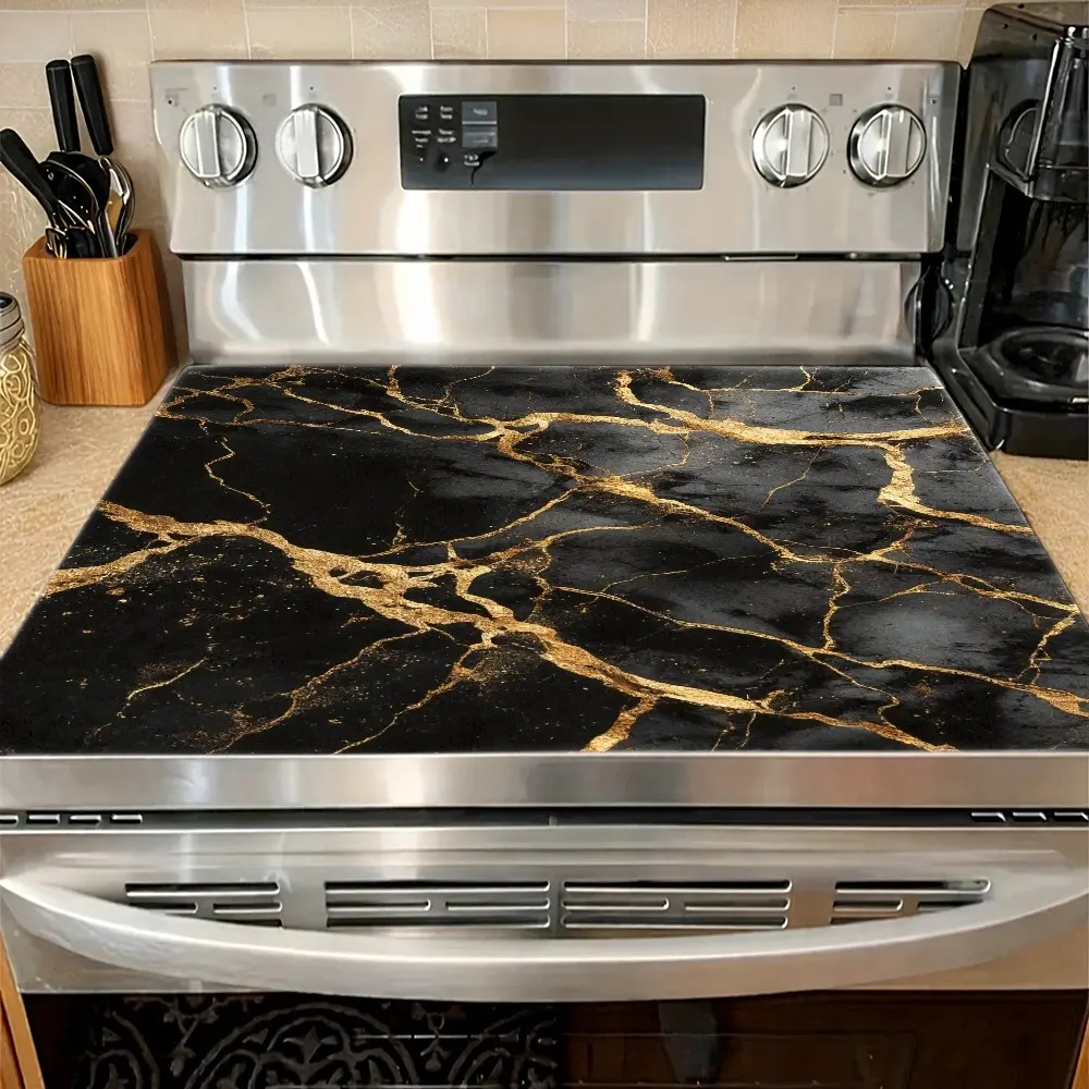 Black gold marble pattern design rubber stove protective cover - heat-resistant, anti slip, absorbent, easy to clean, oven mat, refrigerator mat, kitchen stove cover, suitable for surface protection of ovens, washing machines and appliances
