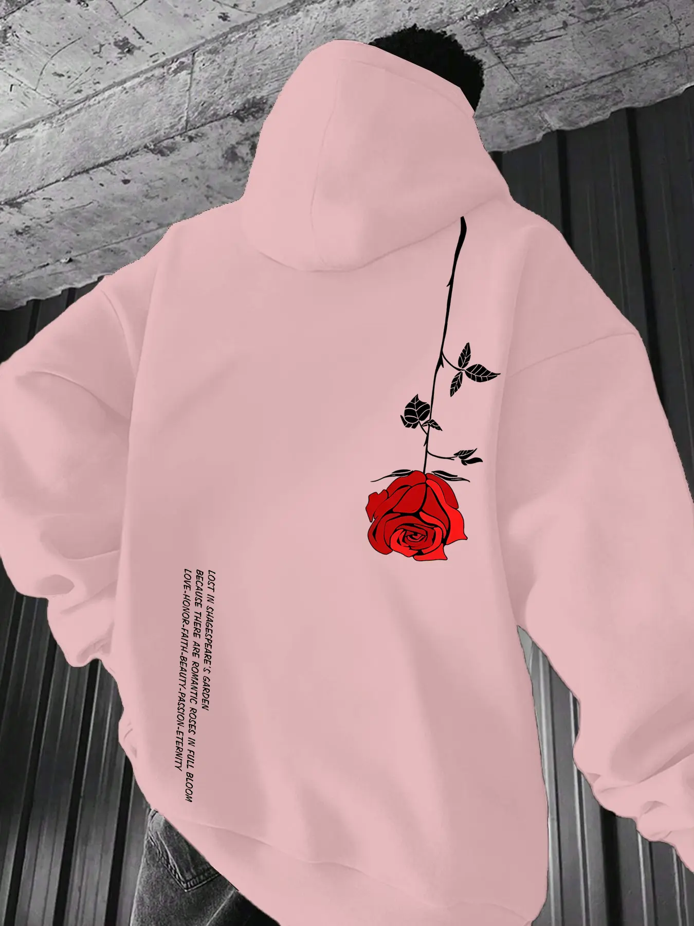 Men's Fashion Street Style Hooded Knit Sweatshirt, Back Floral Rose Pattern Print, Long Sleeve, Loose-Fit, Fall & Winter Casual Wear