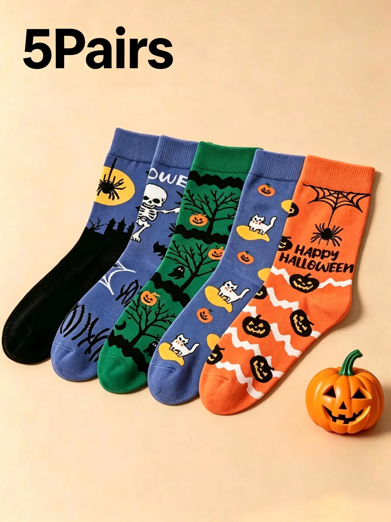 5 Pairs Random Halloween Theme Graphic Crew Socks, Pumpkin Skeleton Spider Ghost Cat Print Colorful Ribbed Mid Calf Socks, Elastic Breathable Fun Holiday Casual Socks for Women Teen Girls Party Daily Outfits