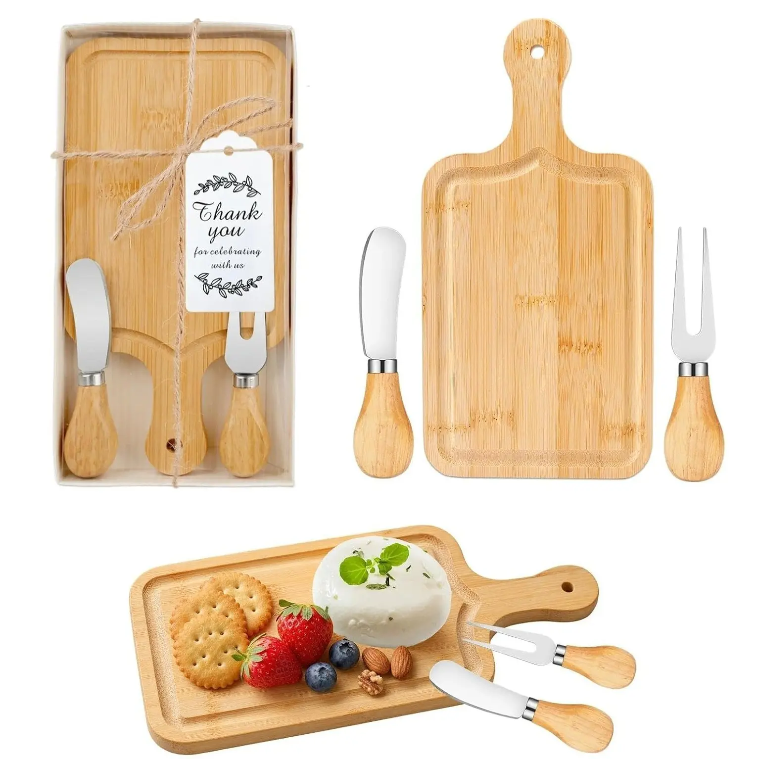 Kitchen Cutting Board Set, Mini Charcoal Board Set, Bamboo Wedding Gift Set, Includes Knife, Fork, Thank You Card, Gift Box