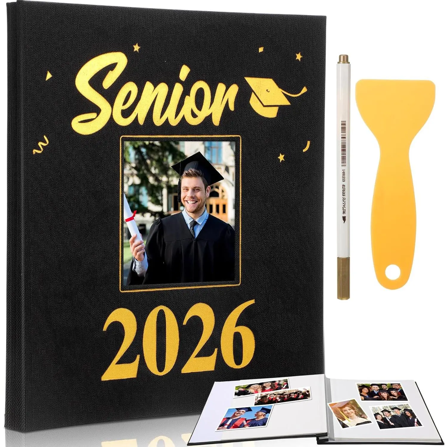 Class of 2026 Graduation Album, Senior 2026 Self Adhesive Photo Scrapbook with Leather Cover, 40 Sticky Pages DIY Memory Book for 3x5 4x6 5x7 8x10 Pictures, Graduation