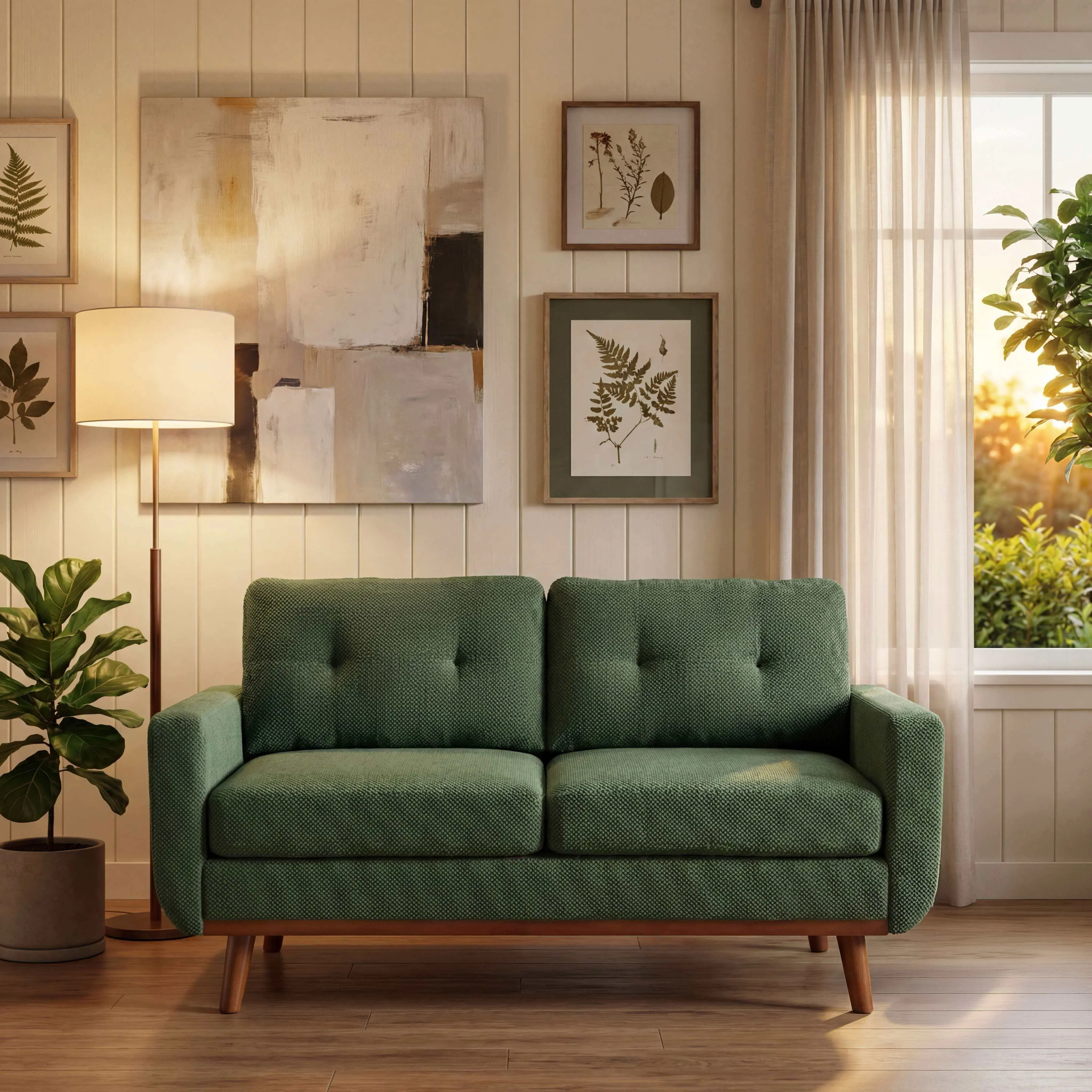 ARCH Mid-Century Modern 2-Seater Loveseat Sofa for Living Room, Dark Green Nubby Fabric Upholstery with Tufted Cushions, Solid Wood Legs, High-Density Foam, Square Arms, Loose Back, Soft Seat, 65Wx30Dx34.5H Inches, Easy Assembly, Dark Green Color Opt