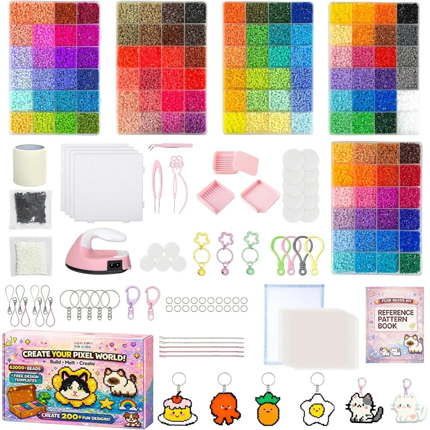 Fuse Beads Kit 2.6mm Mini Beads, 62,000 PCS 120 Colors All-in-One Set with Pegboards, Mini Iron, Tweezers & 200+ Patterns, Pixel Art DIY Craft Kit for Adults (Advanced Version)