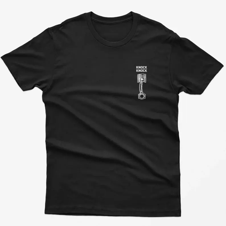 Engine Piston Knock Knock Graphic Oversized Comfort Cotton T-Shirt, Car Mechanic Vintage Fashion Daily Outfit, Best Valentine Birthday Gift For Car Enthusiasts Mechanics Dad Husband