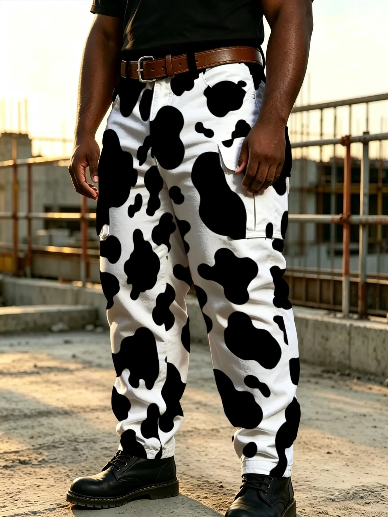 Fun Animal Spot Functional Workwear Pants, Natural Random Cow Print, Pocket Design, Casual Long Trousers, Industrial Style, Trendy Store