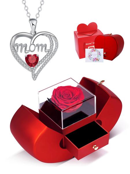 Apple Shape Rose Jewelry Gift Box With Love Heart Mom Pendant Necklace, Anniversary Birthday Jewelry First Mom Gifts for Women Wife, Mother's Day Jewelry Gift for Mom Heart Design Necklace