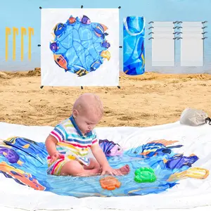 6.5 X 6.5 Ft Baby Beach Pool, 2 in 1 Portable Kids Beach Play Pool Puddle Toddler Beach Blanket and Kiddie Pools Blue Cartoon Childs Sand Pit Paddling Pools with Water Bag for Boy Girl Outdoor Camping(Gift)