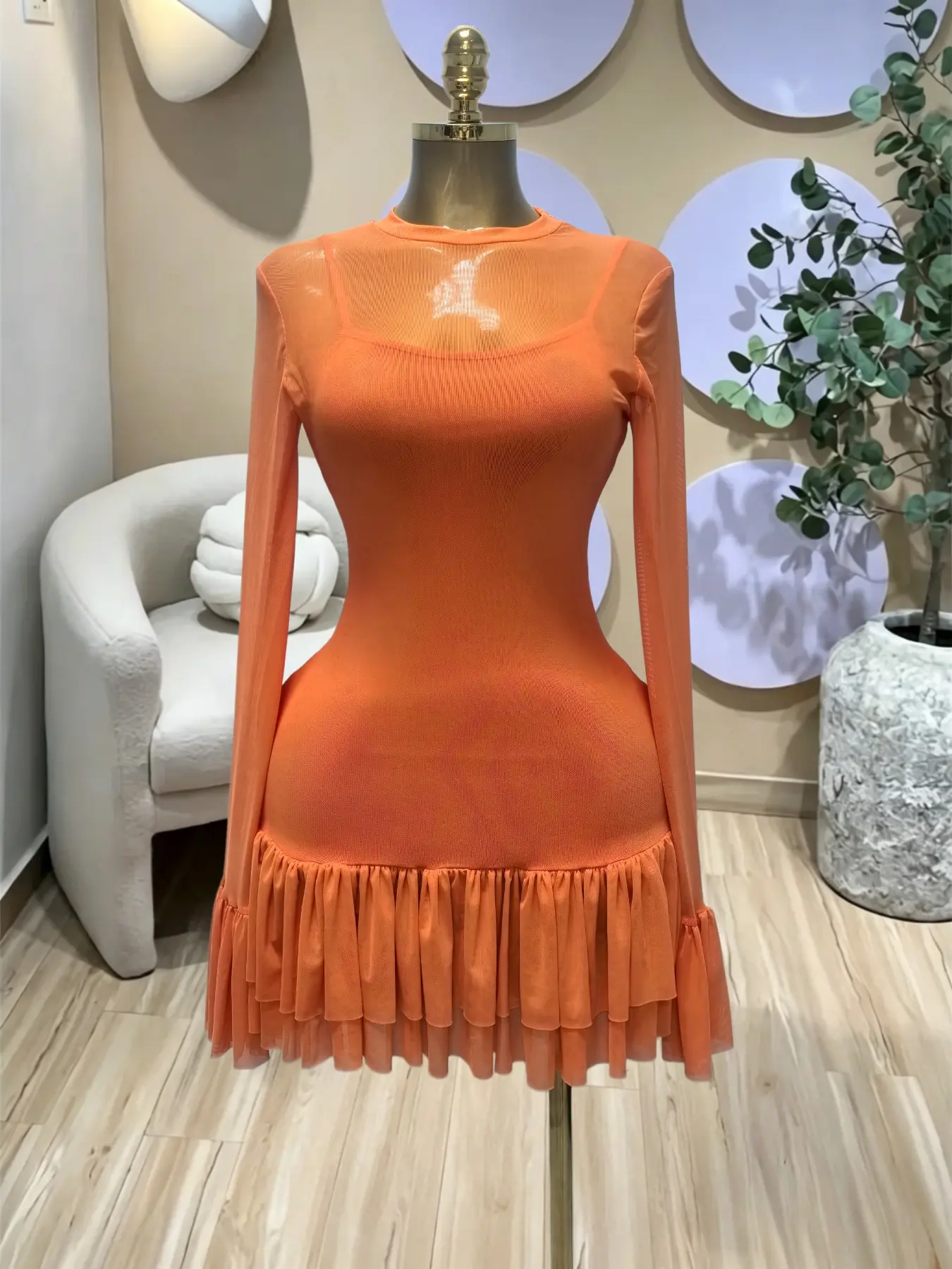PULKRITU Elegant Women's Mesh Long Sleeve Wrap O-Neck Ruffle Mini Prom Dress, Sexy Beach Vacation Dress,Evening Party Outfit Dress,Cocktail Party Dress,Lady Casual Skirt,Female Urban Relaxation Commuter Dress